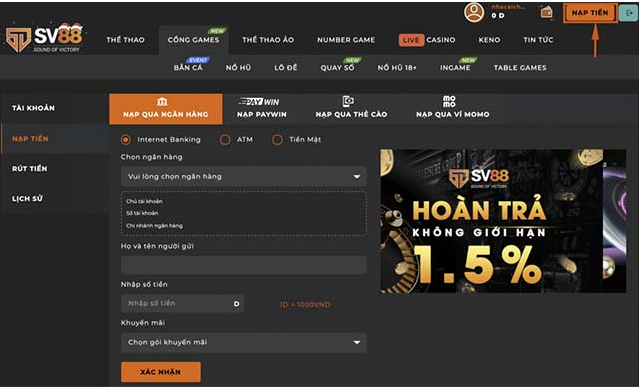 Các bước rút tiền từ SV88 về tài khoản bằng máy tính
