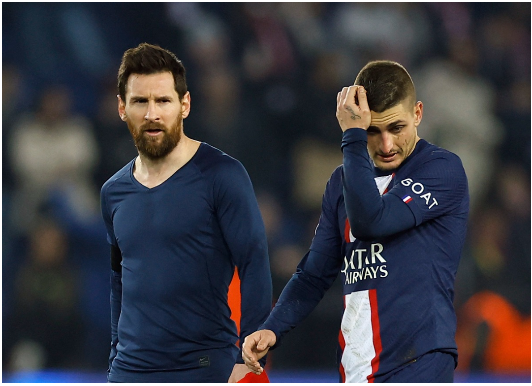 Lionel Messi (trái) và Marco Verratti trải qua trận đấu khó khăn trước Bayern Munich ở lượt đi vòng 16 đội Champions League mùa này.